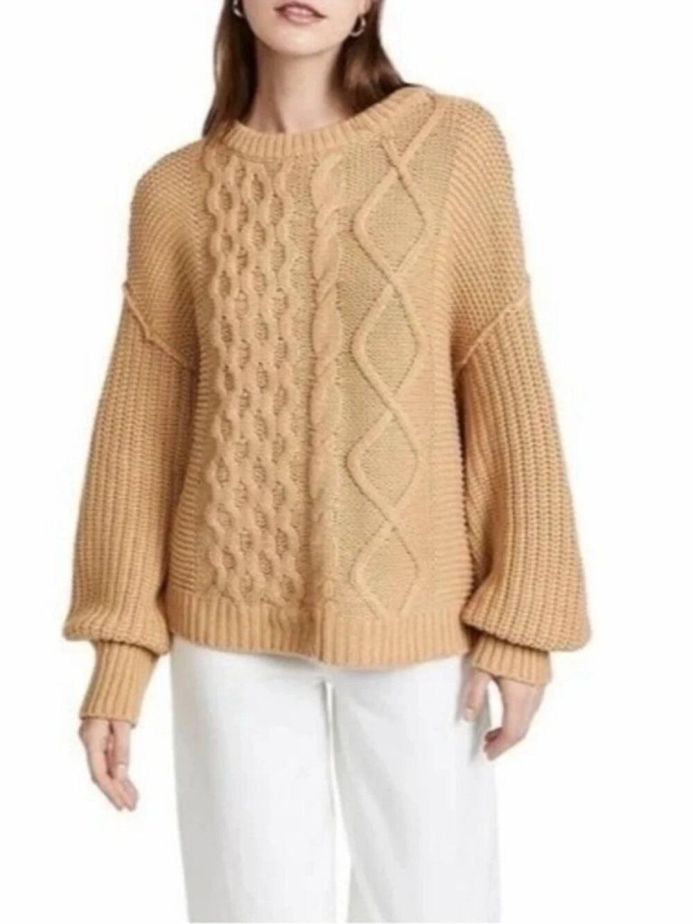 🆕 FREE PEOPLE Frankie Cable Cotton Pullover Sweater Camel Large - Picture 3 of 15